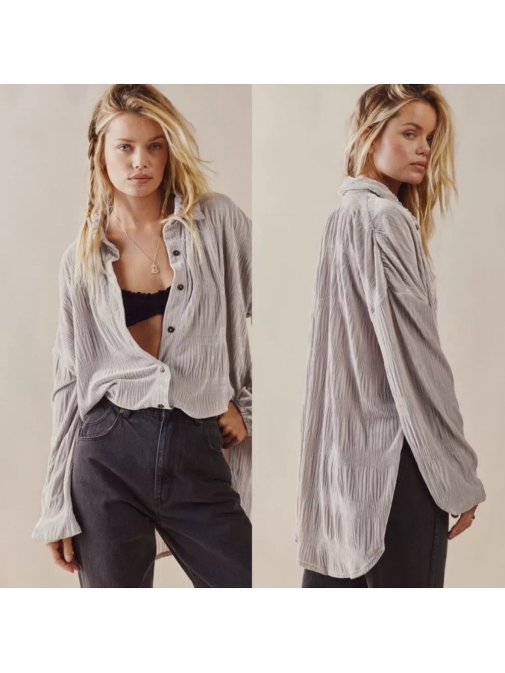 Free People NEW My best Top silver gray velvet button-down tunic sz large